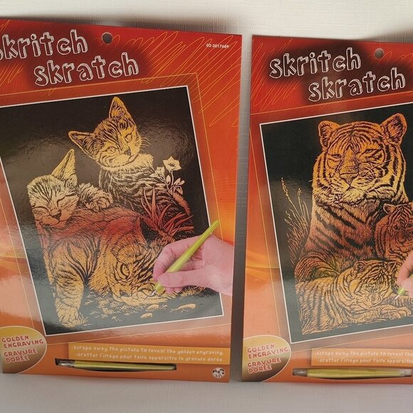 SKRITCH + SKRATCH Golden Engraving Lot of 2 Kittens + Tiger Family Cubs BNWT - Picture 1 of 7